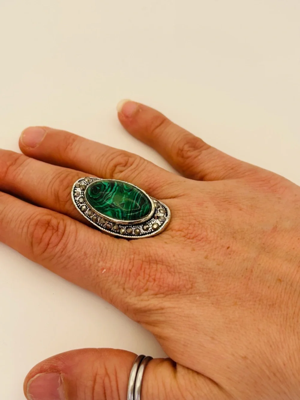 Statement Green Malachite Ring – Size 9, Silver-Tone Band - Picture 2 of 10
